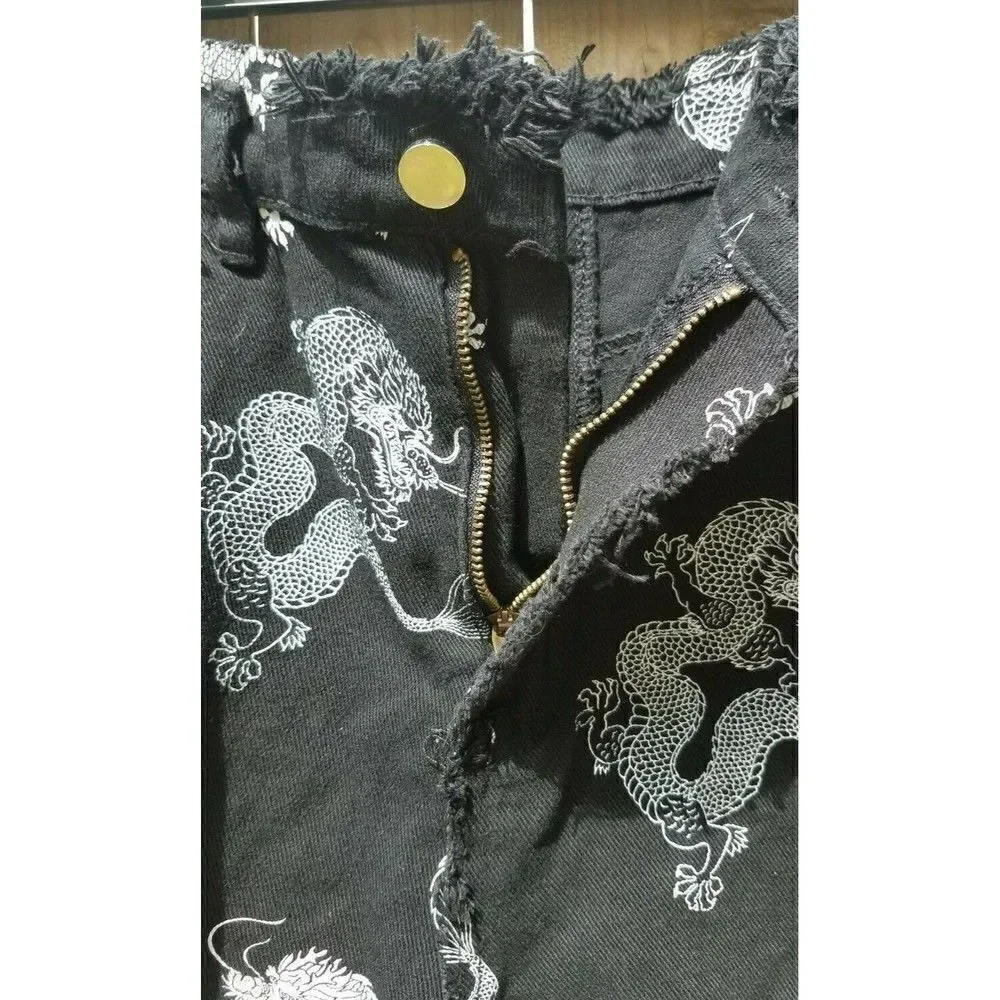 Women's Denim Shorts Size L by Shein Black w/White Dragon Print Frayed
